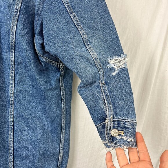 Zara TRF Denim Wear Distressed Long Jacket Womens Small S Slouchy Punk Faux Fur‎ - Picture 9 of 16